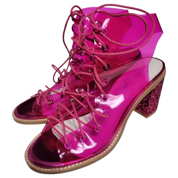 Free People Minimal Heels Pink Vinyl Jeffrey Campbell Lace Up Glitter Sparkle 8 - Picture 1 of 16